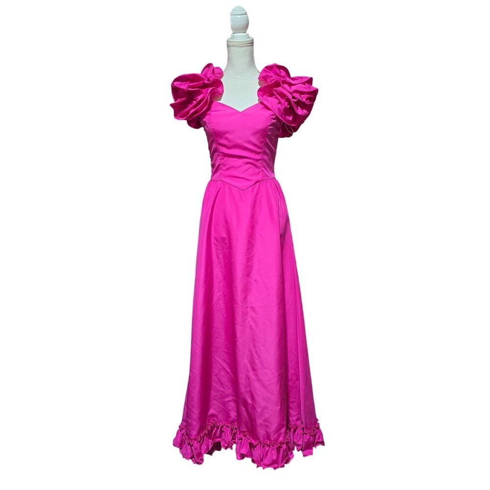 Vtg Union Made ILGWU Ball Gown Dress Sz 8 Flowers Puffy Sleeves Hot Pink Ruffle
